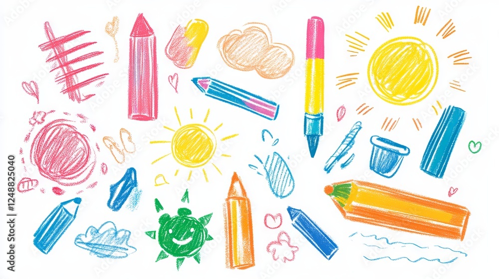 hand drawn brush vector set of kids stuff icons. colorful scribble line brush hand drawn sketch design. colorful kids abstract chalk, colorful crayon pencil style. Vector illustration hand drawn brush vector set of kids stuff icons. colorful scribble line brush hand drawn sketch design. colorful kids abstract chalk, colorful crayon pencil style. Vector illustration