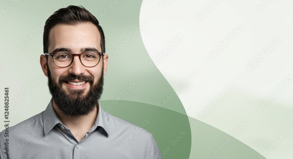 Obraz premium Professional Headshot of a Bearded Man in Glasses on Modern Abstract Background for Corporate and Business Use