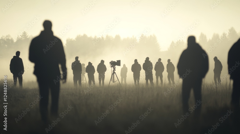 © musa - Film crew silhouettes at sunrise, misty field