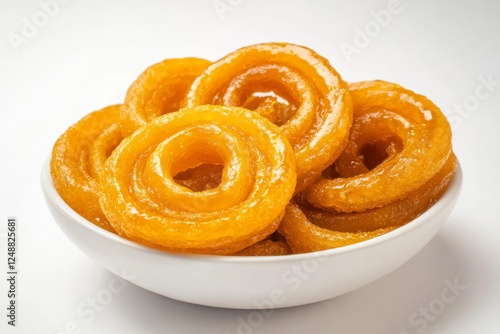 Sweet Jalebi dessert in bowl, studio shot, white background, food photography
