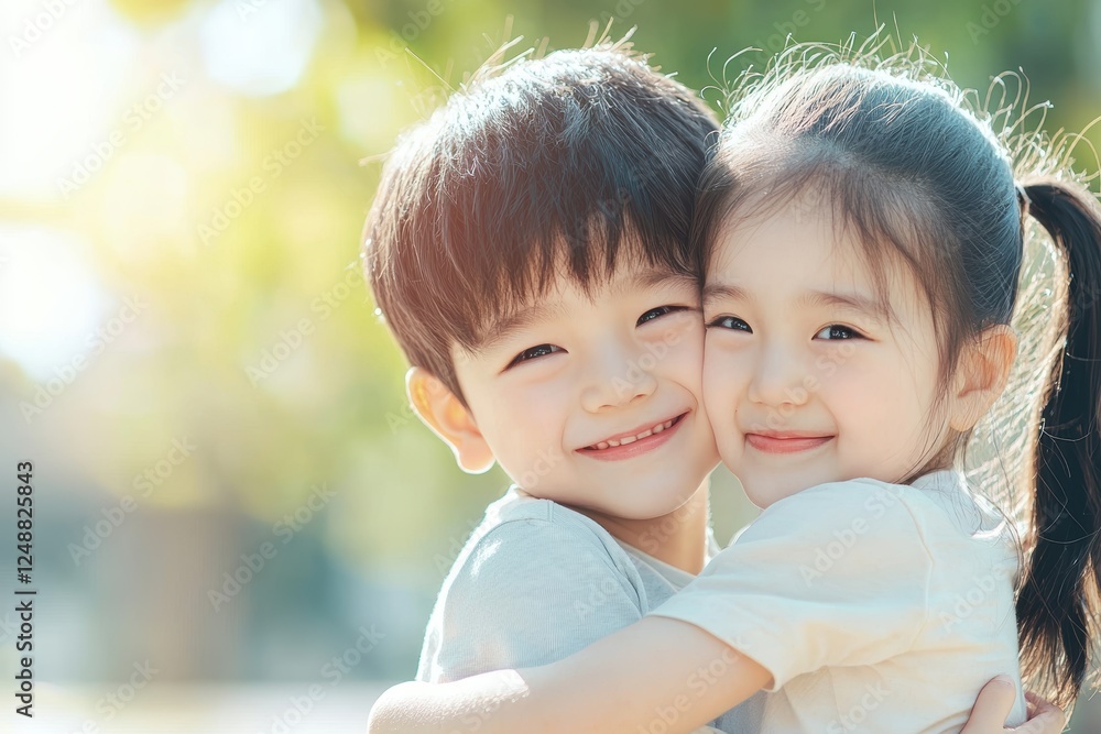 Happy siblings playing together in a sunny park surrounded by nature's beauty Happy siblings playing together in a sunny park surrounded by nature's beauty