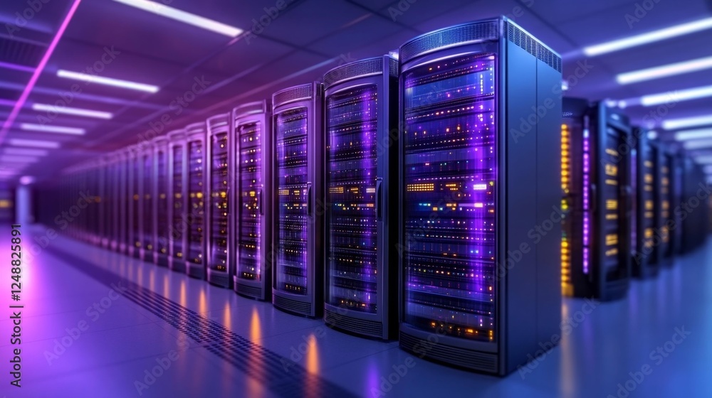 High-tech server room with glowing illuminated servers and racks. Generative AI High-tech server room with glowing illuminated servers and racks. Generative AI