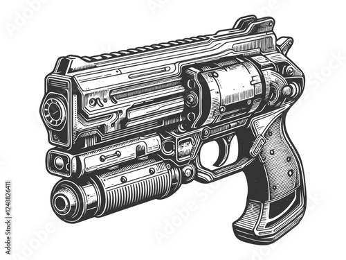 Ornate Steampunk Revolver engraving vector