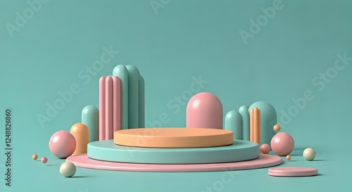 A cartoonish pastel podium with playful, wavy shapes, Ai generated