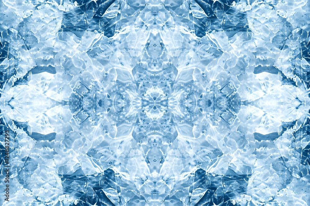 Fractured Ice Kaleidoscope, A Symmetrical Display of Frozen Textures and Shades of Blue, Evoking Winter's Abstract Beauty and Cold Serenity Fractured Ice Kaleidoscope, A Symmetrical Display of Frozen Textures and Shades of Blue, Evoking Winter's Abstract Beauty and Cold Serenity