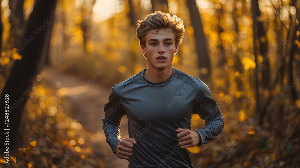 Young Man Running Through Golden Autumn Forest - A Powerful Image of Fitness and Determination Young Man Running Through Golden Autumn Forest - A Powerful Image of Fitness and Determination