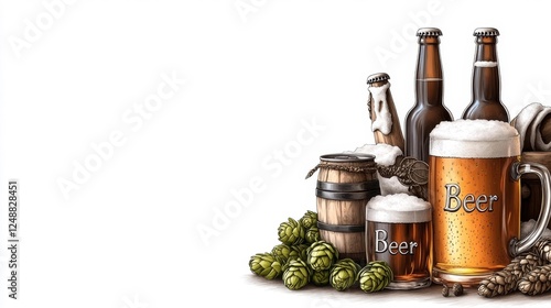 Rustic Beer Mugs with Barrels and Hops. Generative AI photo