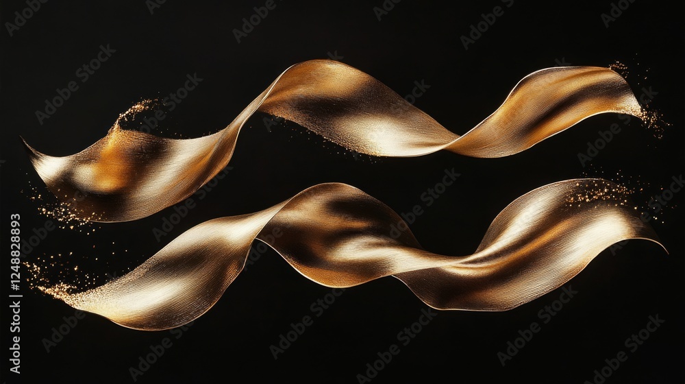 Two elegant ribbons of shimmering gold float across a dark void Two elegant ribbons of shimmering gold float across a dark void