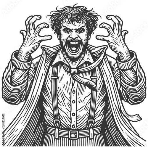 Crazy Excited Man engraving vector illustration