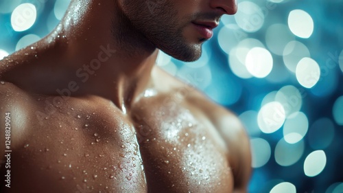 Close-up of a wet male torso with beads of water reflecting light in a vibrant atmosphere during a nighttime setting