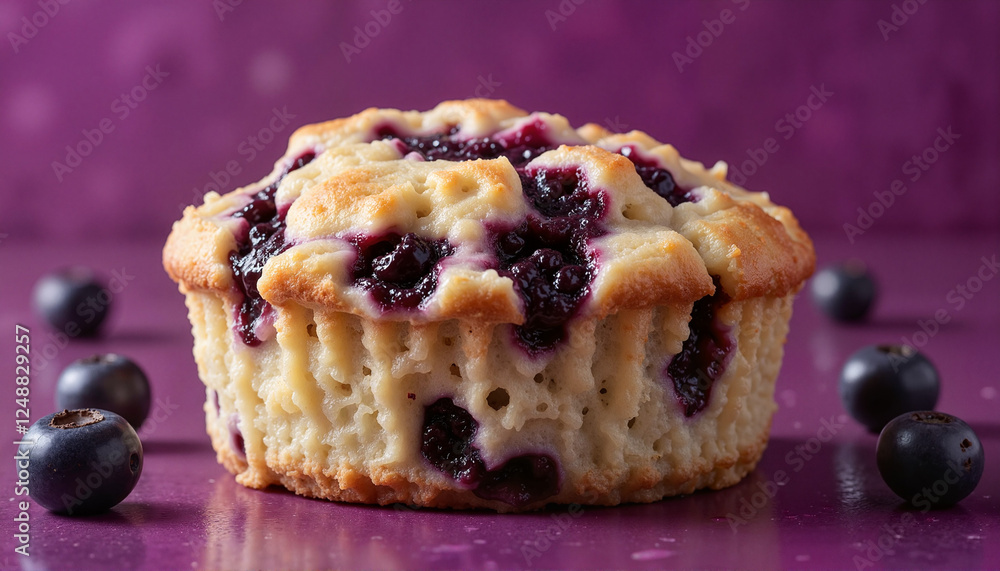 Blueberry muffin with fresh blueberries around it on a purple background
Blueberry muffin with fresh blueberries around it on a purple background