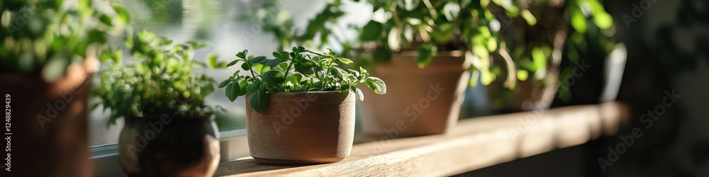 Potted Herbs on Wooden Windowsill Potted Herbs on Wooden Windowsill