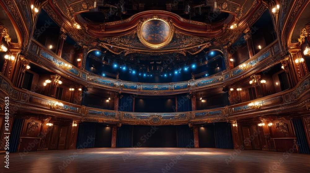 Obraz premium Stunning Interior of a Grand Royal Theater with Elegant Decorative Elements and Dramatic Lighting Effects