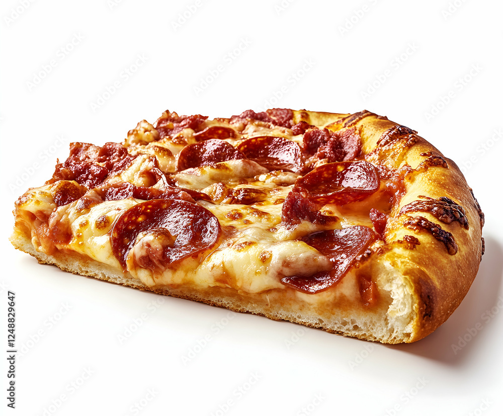 A single, delectable slice of classic pepperoni pizza with melted cheese, set against a clean white backdrop, perfect for a quick and satisfying meal A single, delectable slice of classic pepperoni pizza with melted cheese, set against a clean white backdrop, perfect for a quick and satisfying meal