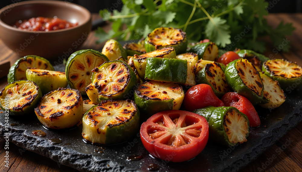 Grilled vegetable platter with tomatoes, peppers, and lemon slices on a black surface Grilled vegetable platter with tomatoes, peppers, and lemon slices on a black surface
