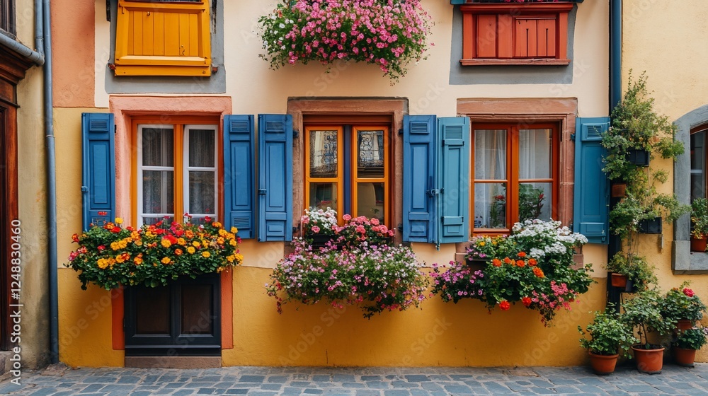 Colorful building facade, flowers, cobblestone street, Alsace Colorful building facade, flowers, cobblestone street, Alsace