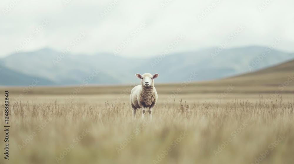 Fototapeta premium Sheep standing in a field, mountains in background; pastoral scene