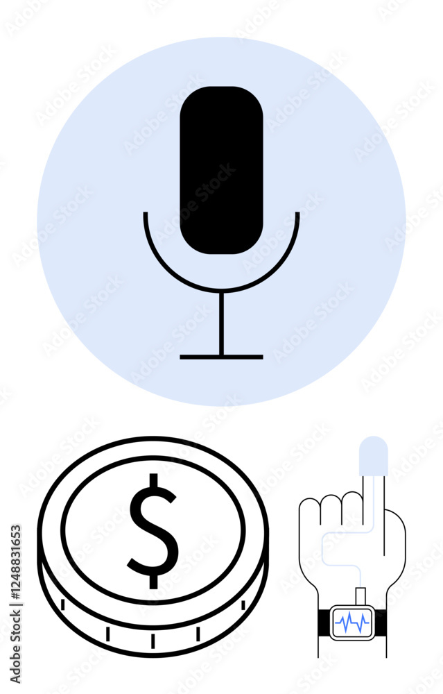 Microphone, coin with dollar sign, fingerprint scanner with wearable tech showcasing innovation. Ideal for finance, biometrics, technology, security, automation, fintech abstract line flat metaphor Microphone, coin with dollar sign, fingerprint scanner with wearable tech showcasing innovation. Ideal for finance, biometrics, technology, security, automation, fintech abstract line flat metaphor