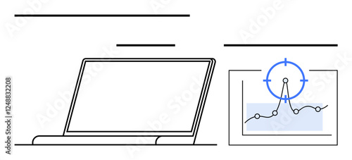 Open laptop next to a data chart with a target mark on a graph point. Ideal for analytics, business strategy, performance tracking, data insights, project planning, forecasting, abstract line flat