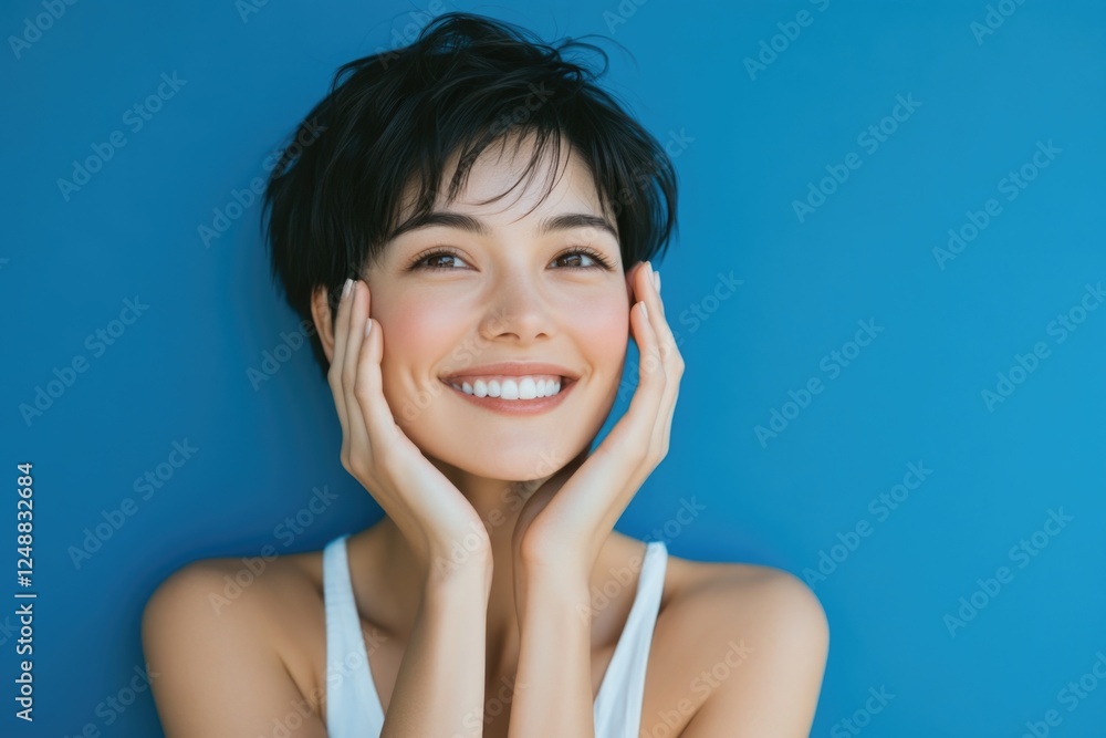 A beautiful smiling woman with short hair against a blue background. A beautiful smiling woman with short hair against a blue background.