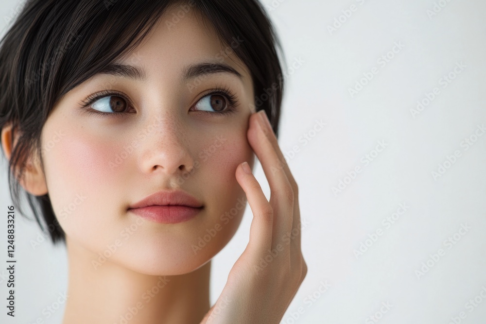 Woman with short hair touches her face, showcasing skin care and beauty concept on white background Woman with short hair touches her face, showcasing skin care and beauty concept on white background