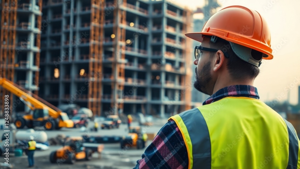 Fototapeta premium Construction engineer overseeing building progress at a site with heavy machinery.