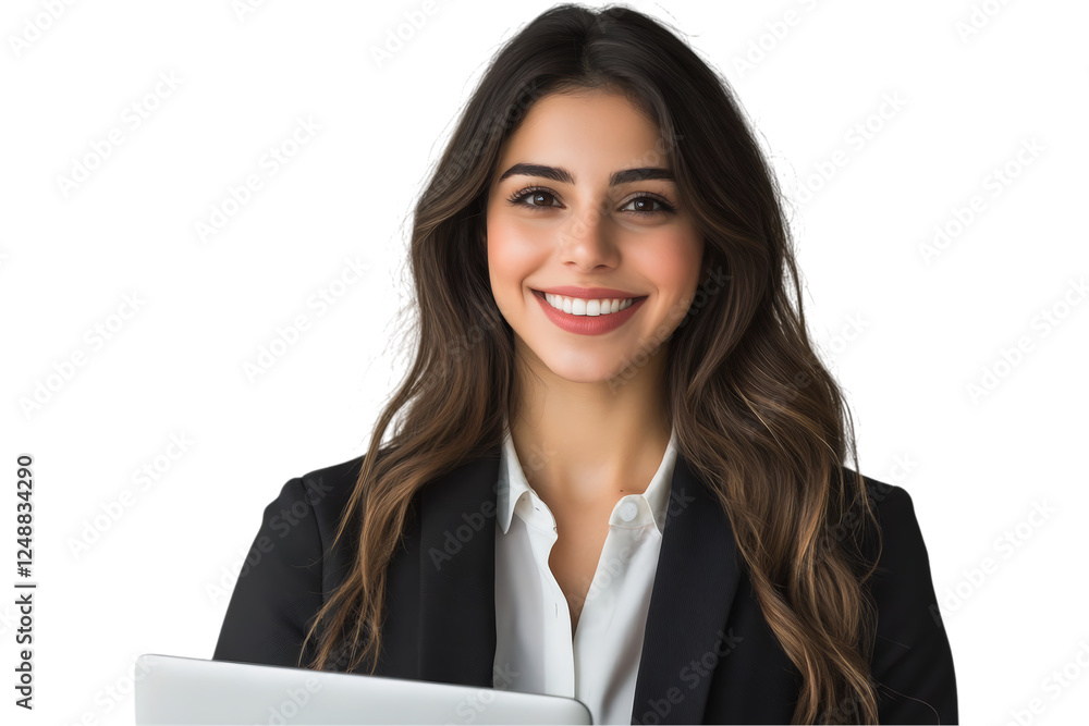 Smiling Hispanic female business professional with a laptop. Isolated and AI generated. . Smiling Hispanic female business professional with a laptop. Isolated and AI generated. .