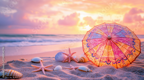 Serene Sunset Beach Scene with Colorful Umbrella and Seashells