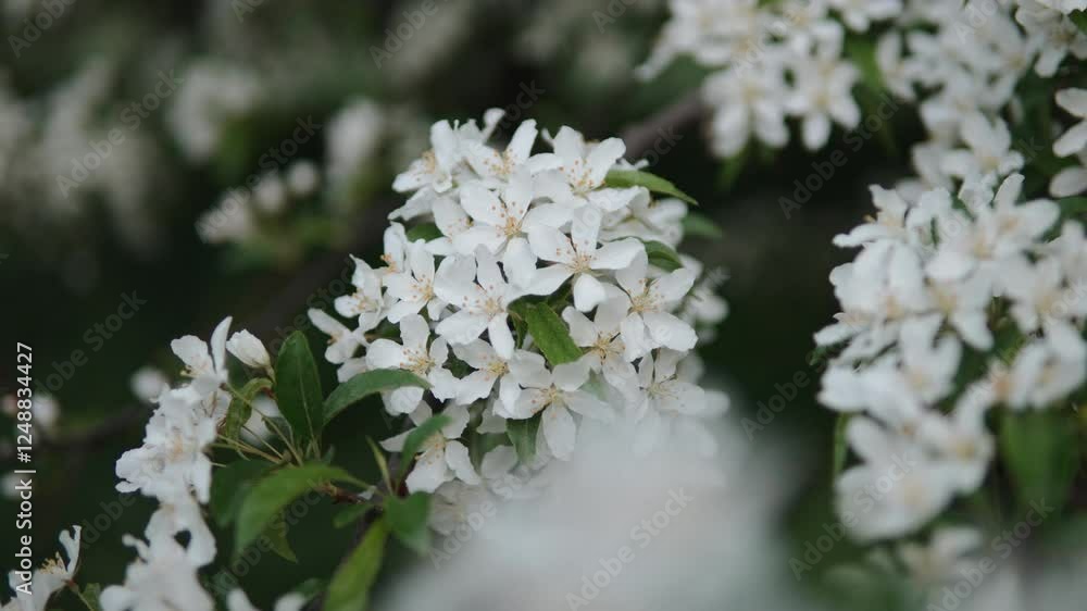 Branches with flowers of white flowers sway in light wind close up. Spring bloom with white petals in garden with neutral lighting. Branches with flowers of white flowers sway in light wind close up. Spring bloom with white petals in garden with neutral lighting.