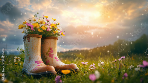 A Delicate Bouquet of Flowers in Rain Boots on a Lush Meadow