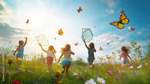 Children Playing in a Flower Field, Chasing Butterflies