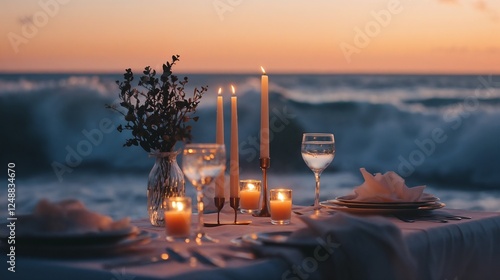 Romantic candlelit dinner by the ocean at sunset