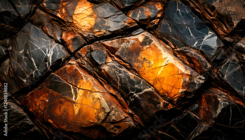 Abstract background of a cracked rock surface with organic patterns and embedded glowing amber-like minerals