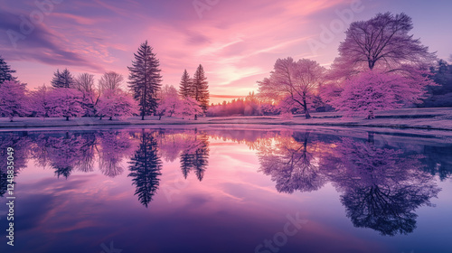 Serene Pink Sunrise over a Calm Pond with Reflections of Blossoming Trees