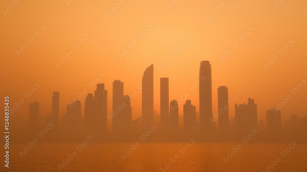 A hazy skyline at sunset, with silhouettes of skyscrapers against an orange backdrop, creating a serene yet mysterious urban atmosphere. A hazy skyline at sunset, with silhouettes of skyscrapers against an orange backdrop, creating a serene yet mysterious urban atmosphere.