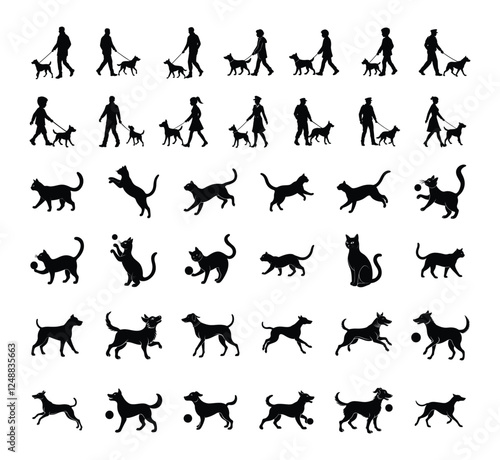 38 Vector silhouette of Mega collection cat,dogs play,person walking with dog