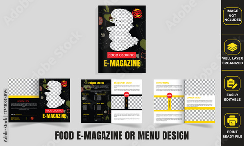 Stylish food menu, E-magazine, catalog, and brochure template featuring a modern layout, vibrant colors, and editable design. Perfect for restaurants, cafes, and food businesses.