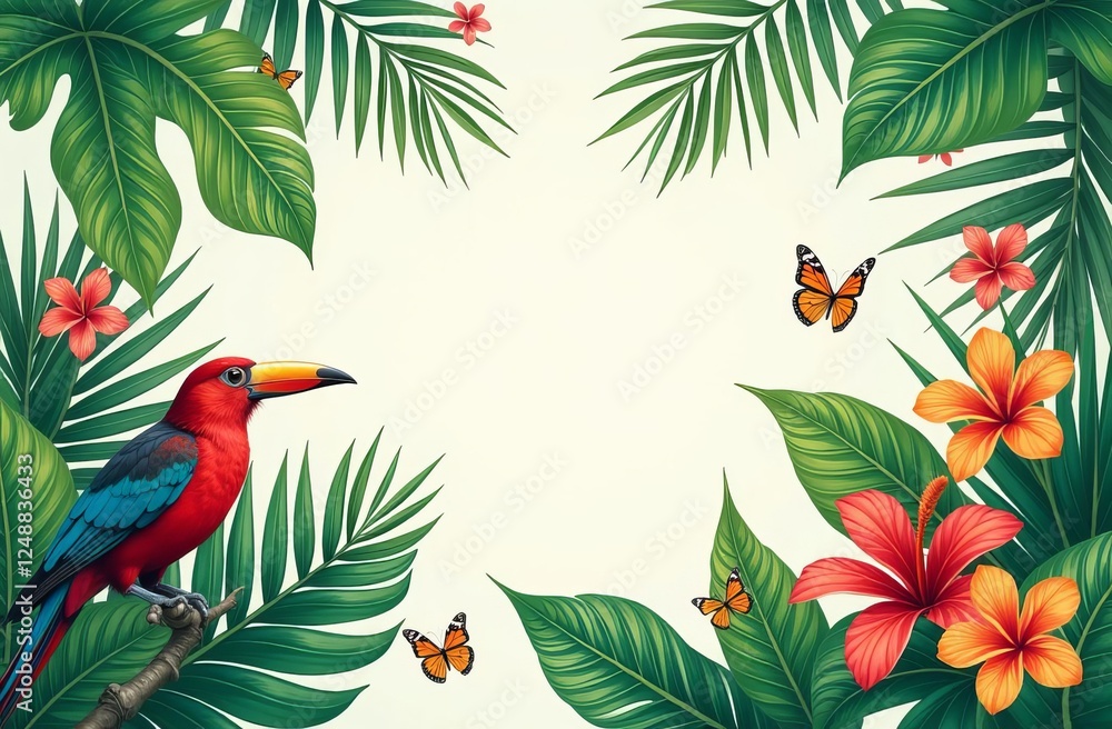 Watercolor illustration of a tropical background with leaves, flowers and birds, with an empty space for text. It is ideal for invitations, corporate identity creation or decoration. Tropical frame. Watercolor illustration of a tropical background with leaves, flowers and birds, with an empty space for text. It is ideal for invitations, corporate identity creation or decoration. Tropical frame.