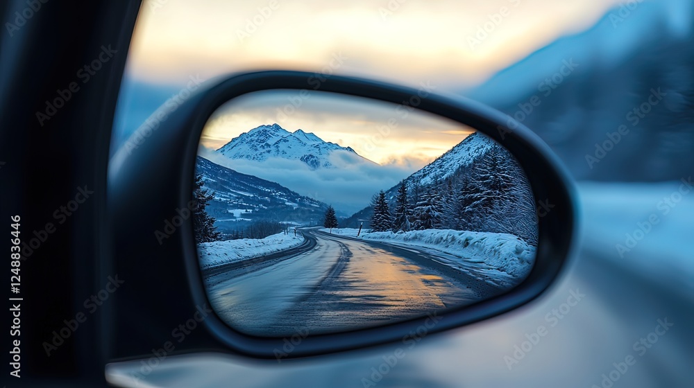 A car's side-view mirror reflecting a winter mountain road at sunset. Snowy peaks, a winding road, and tranquil twilight hues are visible through the mirror. A car's side-view mirror reflecting a winter mountain road at sunset. Snowy peaks, a winding road, and tranquil twilight hues are visible through the mirror.