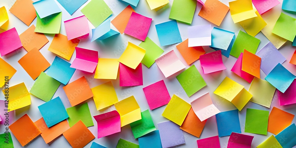 Colorful sticky notes scattered on a desk, a bird's-eye view of organized stationery. Colorful sticky notes scattered on a desk, a bird's-eye view of organized stationery.