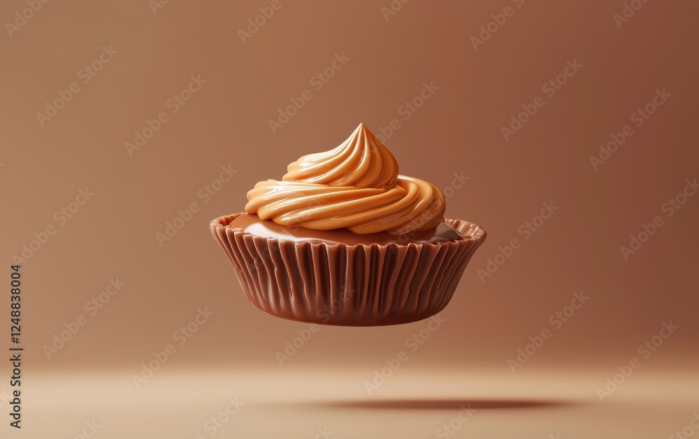 Floating peanut butter cup with caramel swirls, hovering on a pastel brown background