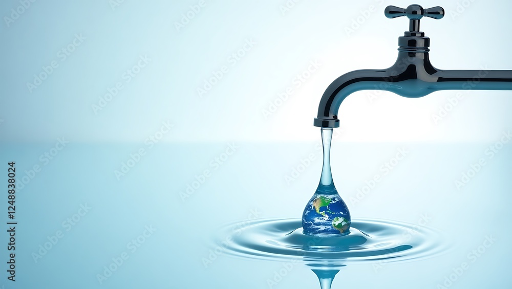 Dripping Faucet Creating Earth Water Droplet on Minimal Background for World Water Day Dripping Faucet Creating Earth Water Droplet on Minimal Background for World Water Day