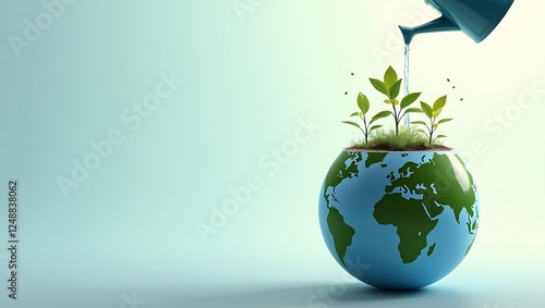 Watering Can Sprouting Green Plants from Earth Globe on Gradient Background for World Water Day