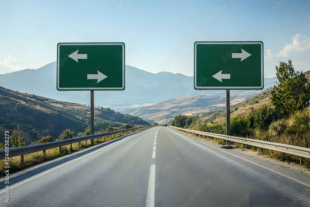 A Crossroads of Choices, Navigating Life's Journey on the Open Road with Directional Signage under a Bright, Inspiring Sky A Crossroads of Choices, Navigating Life's Journey on the Open Road with Directional Signage under a Bright, Inspiring Sky
