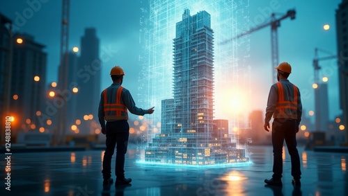 Engineers collaborating on a holographic building project, showcasing innovation in construction technology
