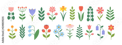 Modern geometric flower icons set. Abstract floral design elements. Spring and summer blossoms, blooming plant branches. Botanical flat vector illustration.