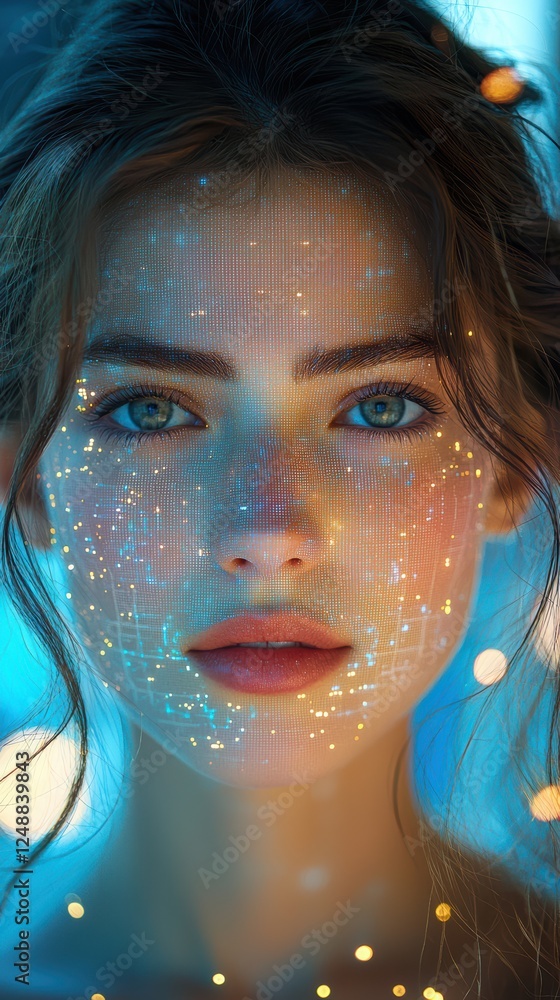 Futuristic portrait of a woman with facial recognition grid Futuristic portrait of a woman with facial recognition grid