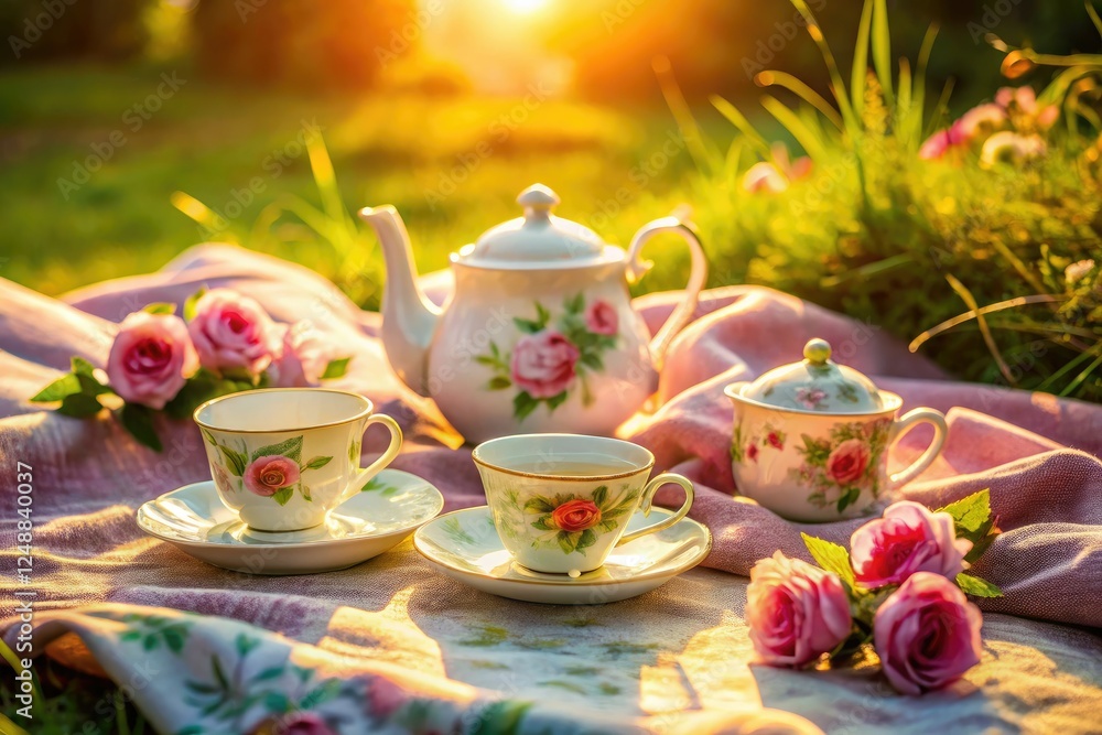 Fototapeta premium Elegant rose floral tea set, bathed in sunlight's long exposure, perfect for a picturesque outdoor picnic.