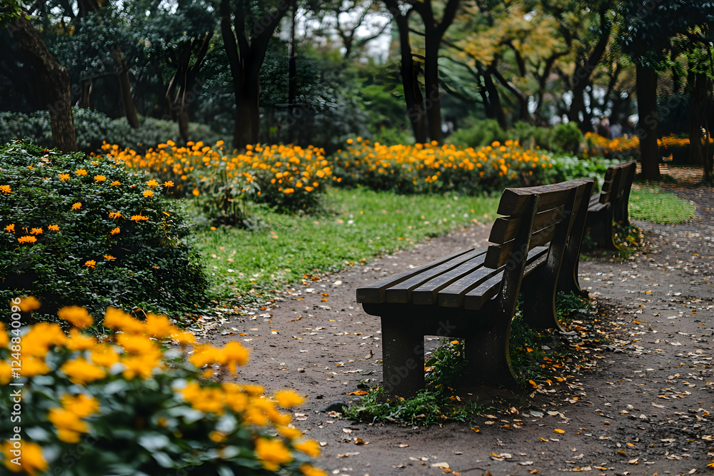 A Serene Park Escape, Wooden Benches Amidst Vibrant Blooms and Lush Greenery offer Tranquility and Beauty in a Picturesque setting A Serene Park Escape, Wooden Benches Amidst Vibrant Blooms and Lush Greenery offer Tranquility and Beauty in a Picturesque setting