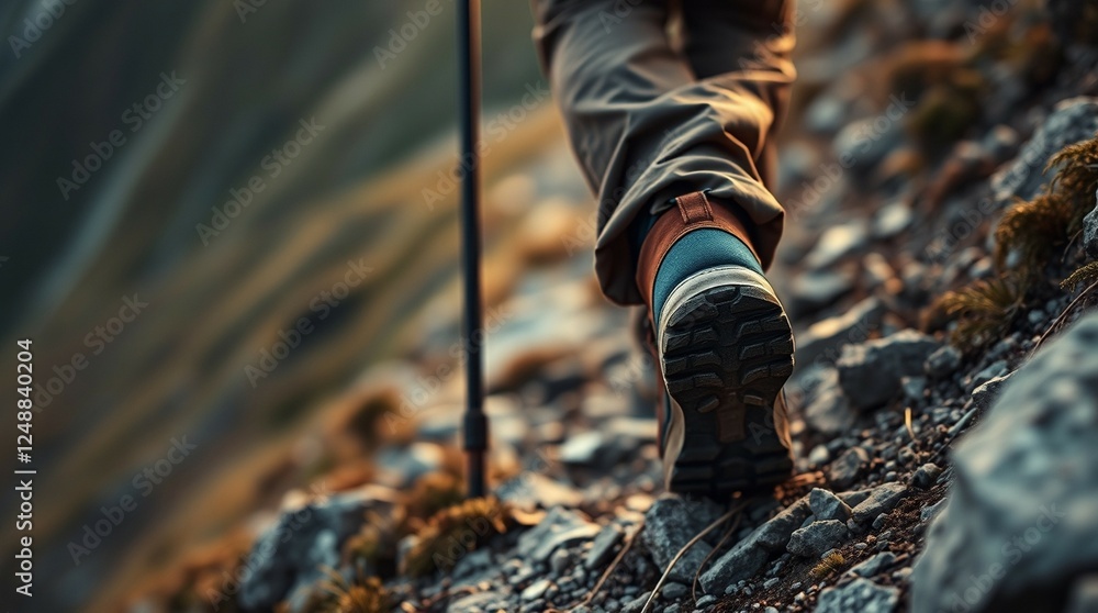 Hiker Climbing a Steep Mountain Trail – Close-up of Worn Leather Boot on Rugged Terrain Hiker Climbing a Steep Mountain Trail – Close-up of Worn Leather Boot on Rugged Terrain